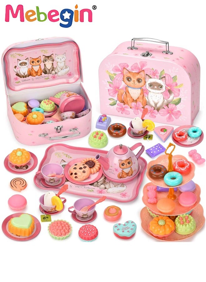 Cat Tea Party Set for Little Girls - 49pcs Pretend Play Toy, Birthday Gift for Toddlers Ages 3 4 5 6 Year Old, includes Kitten Tin Tea Set, Desserts, and Carrying Case, Cat Design
