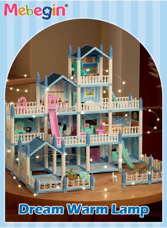 Dreamhouse Set with 4 Dolls, Rich Accessories and Furniture, Luxury Dollhouse with 14 Rooms and 4 Terraces, DIY Villa Building Toys, Educational House-building Set, Made of BPA-free, Non-toxic ABS P
