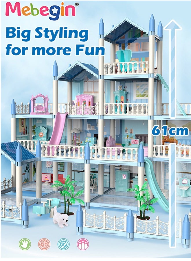 Dreamhouse Set with 4 Dolls, Rich Accessories and Furniture, Luxury Dollhouse with 14 Rooms and 4 Terraces, DIY Villa Building Toys, Educational House-building Set, Made of BPA-free, Non-toxic ABS P