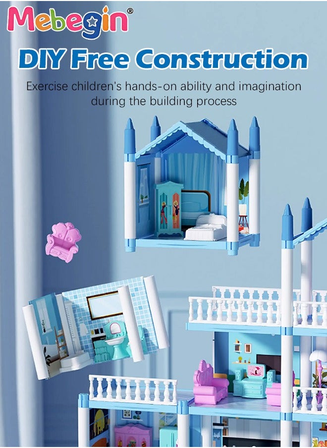 Dreamhouse Set with 4 Dolls, Rich Accessories and Furniture, Luxury Dollhouse with 14 Rooms and 4 Terraces, DIY Villa Building Toys, Educational House-building Set, Made of BPA-free, Non-toxic ABS P