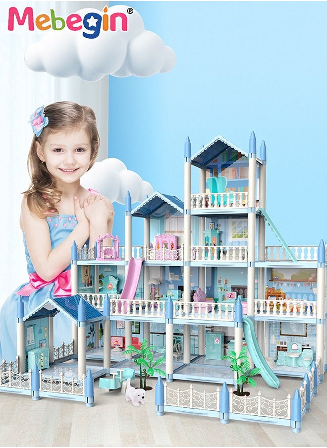 Dreamhouse Set with 4 Dolls, Rich Accessories and Furniture, Luxury Dollhouse with 14 Rooms and 4 Terraces, DIY Villa Building Toys, Educational House-building Set, Made of BPA-free, Non-toxic ABS P