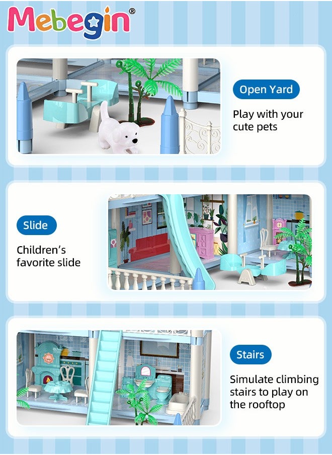 Dreamhouse Set with 4 Dolls, Rich Accessories and Furniture, Luxury Dollhouse with 14 Rooms and 4 Terraces, DIY Villa Building Toys, Educational House-building Set, Made of BPA-free, Non-toxic ABS P