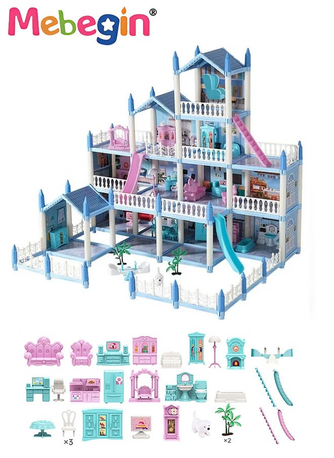 Dreamhouse Set with 4 Dolls, Rich Accessories and Furniture, Luxury Dollhouse with 14 Rooms and 4 Terraces, DIY Villa Building Toys, Educational House-building Set, Made of BPA-free, Non-toxic ABS P