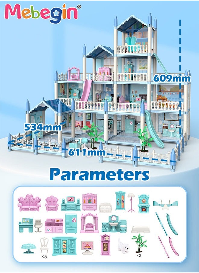 Dreamhouse Set with 4 Dolls, Rich Accessories and Furniture, Luxury Dollhouse with 14 Rooms and 4 Terraces, DIY Villa Building Toys, Educational House-building Set, Made of BPA-free, Non-toxic ABS P