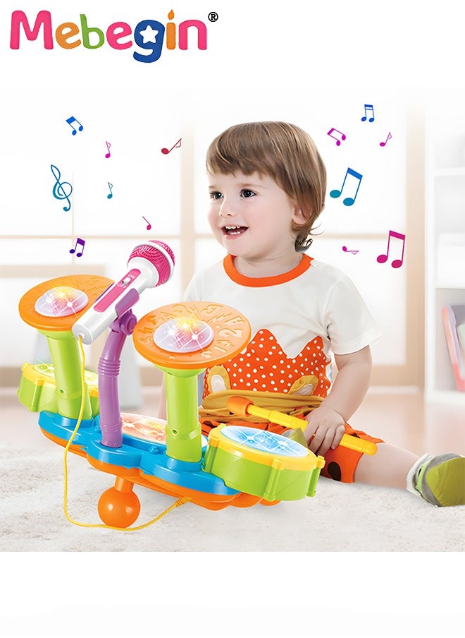 Kids Drum Set with 2 Drum Sticks and Adjustable Microphone, Electric Musical Instrument with Lights, Educational Toys for Early Development, Suitable for Promoting kids’ Interests in Music, Ideal Gi