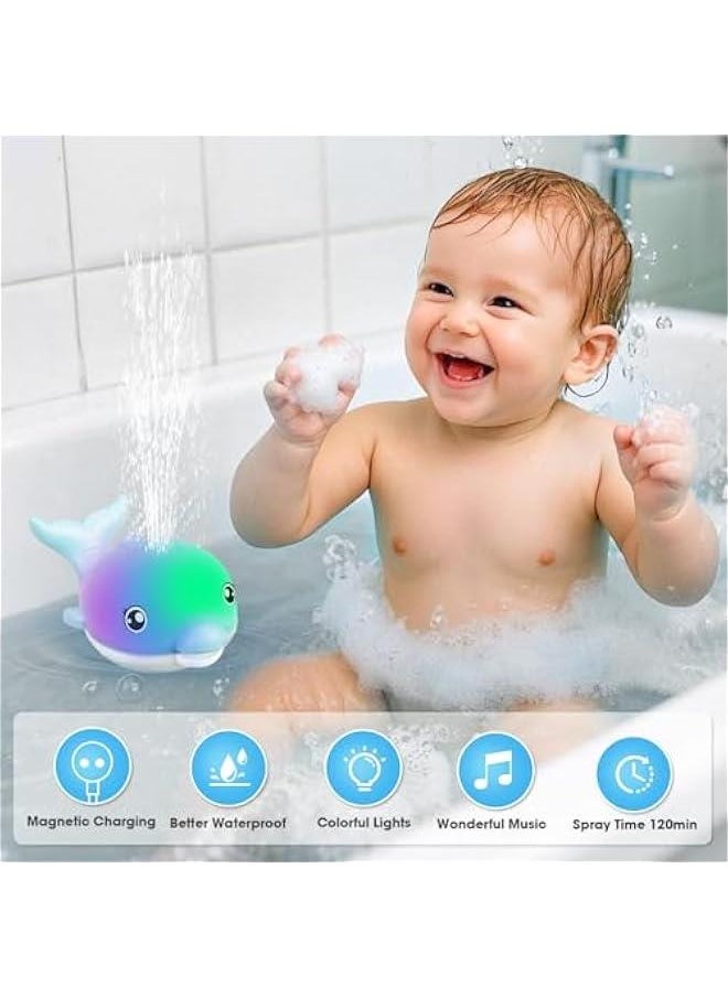 Baby Bath Toys, 2025 Upgraded Magnetic Charging Toddler Bath Toys for Kids Ages 1-3, Light Up Dolphin Bath Toy Sprinkler, Birthday Gifts Infant Baby Toys 6-12-18 Months- Blue