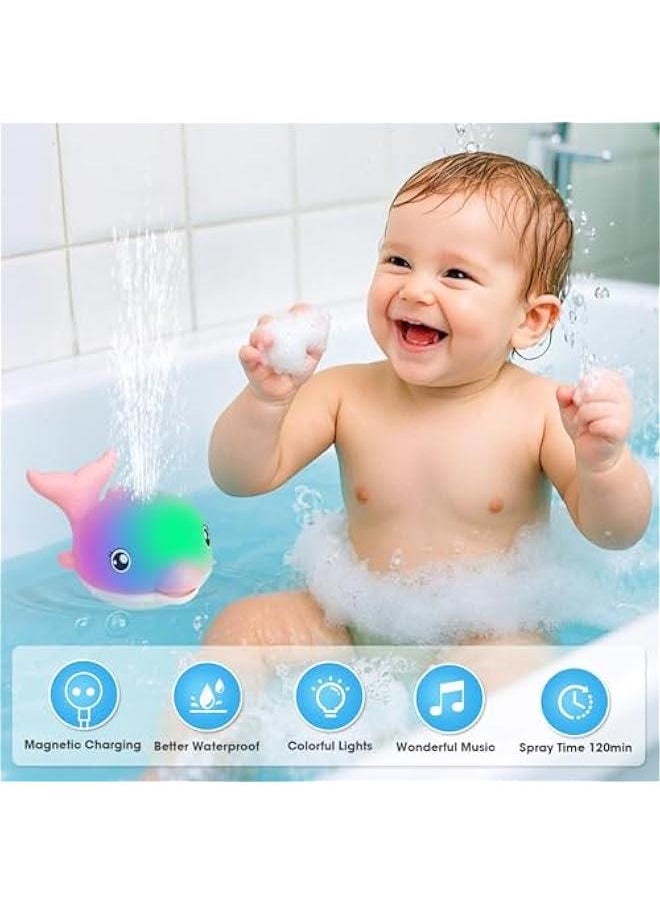 Baby Bath Toys, 2025 Upgraded Magnetic Charging Toddler Bath Toys for Kids Ages 1-3, Light Up Dolphin Bath Toy Sprinkler, Birthday Gifts Infant Baby Toys 6-12-18 Months- Pink