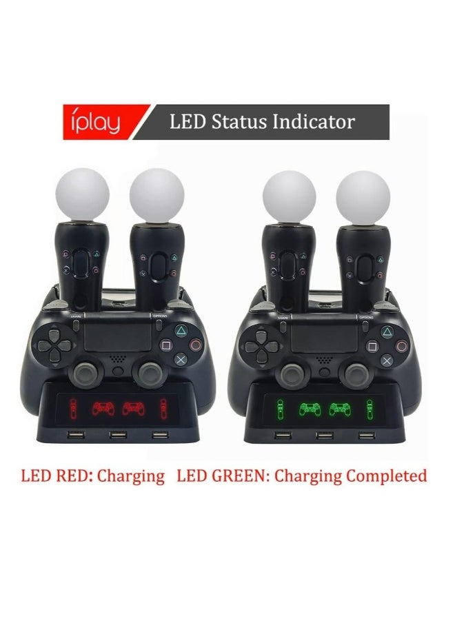 PS4 Controller Charging Station, PS4 Move Controller Charging Station with LED Display and 3 Front USB Ports, 4-in-1 Controller Charging Station for PS4/Pro/PS4 Slim/VR Move Motion Controllers