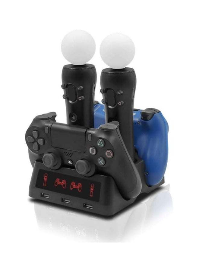PS4 Controller Charging Station, PS4 Move Controller Charging Station with LED Display and 3 Front USB Ports, 4-in-1 Controller Charging Station for PS4/Pro/PS4 Slim/VR Move Motion Controllers