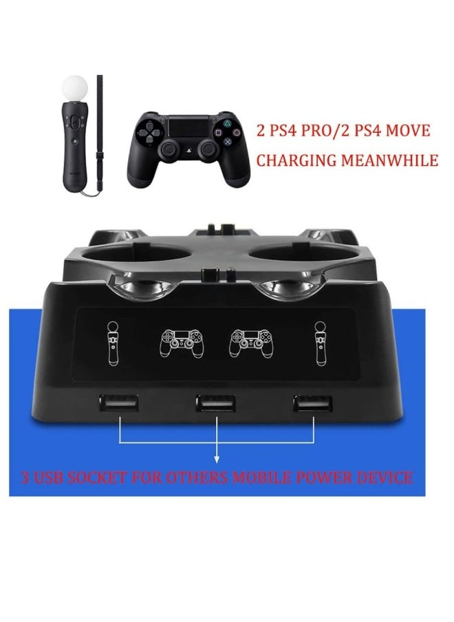 PS4 Controller Charging Station, PS4 Move Controller Charging Station with LED Display and 3 Front USB Ports, 4-in-1 Controller Charging Station for PS4/Pro/PS4 Slim/VR Move Motion Controllers