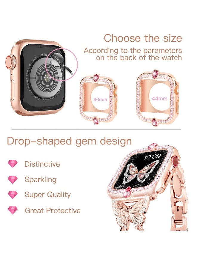 Band Compatible with Apple Watch 42mm 44mm 45mm, Lightweight for Women, Easy Adjustable Bracelet, Shiny Diamond on erfly, Jewelry Metal Strap for iWatch Series 7 6 5 4 3 2 1 SE(Rose Gold)