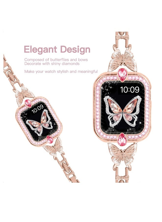 Band Compatible with Apple Watch 42mm 44mm 45mm, Lightweight for Women, Easy Adjustable Bracelet, Shiny Diamond on erfly, Jewelry Metal Strap for iWatch Series 7 6 5 4 3 2 1 SE(Rose Gold)