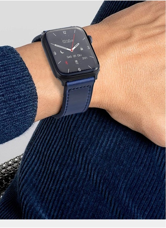 Magnetic Leather Watch Band for Apple Watch Ultra 49mm, 45mm, 44mm, 42mm, Genuine Leather Strap with Magnetic Buckle for Apple Watch Ultra 2 9 8 7 Series, Blue