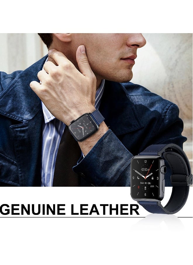 Magnetic Leather Watch Band for Apple Watch Ultra 49mm, 45mm, 44mm, 42mm, Genuine Leather Strap with Magnetic Buckle for Apple Watch Ultra 2 9 8 7 Series, Blue