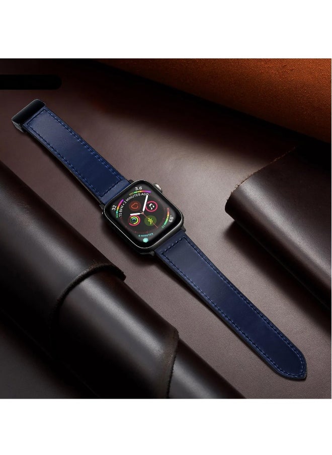 Magnetic Leather Watch Band for Apple Watch Ultra 49mm, 45mm, 44mm, 42mm, Genuine Leather Strap with Magnetic Buckle for Apple Watch Ultra 2 9 8 7 Series, Blue