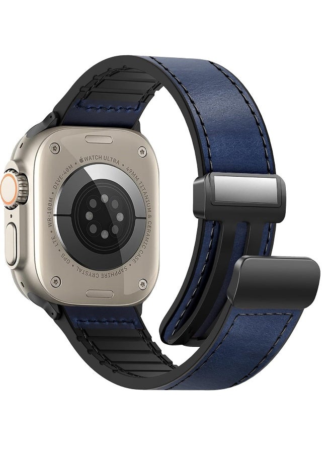 Magnetic Leather Watch Band for Apple Watch Ultra 49mm, 45mm, 44mm, 42mm, Genuine Leather Strap with Magnetic Buckle for Apple Watch Ultra 2 9 8 7 Series, Blue