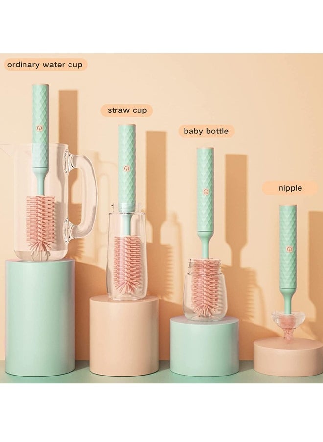 Electric Silicone Bottle Brush, Electric Bottle Brush Set with Baby Bottle Brush Cleaner, Nipple Brush, Straw Cleaner Brush, Travel Baby Essentials for Moms Straw Brushes Green