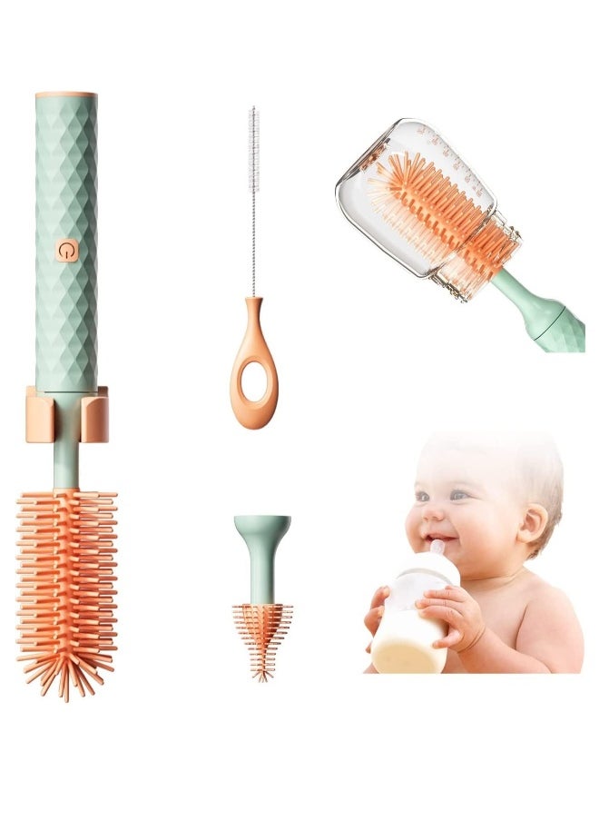 Electric Silicone Bottle Brush, Electric Bottle Brush Set with Baby Bottle Brush Cleaner, Nipple Brush, Straw Cleaner Brush, Travel Baby Essentials for Moms Straw Brushes Green