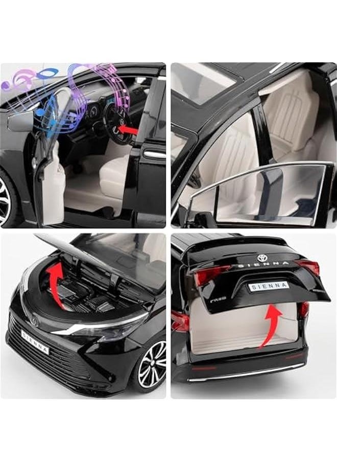 1:24 Sienna Car Model, Pull Back Diecast Toy Car with Sounds＆Lights for Kids Boys Girls and Adults, Gift Black