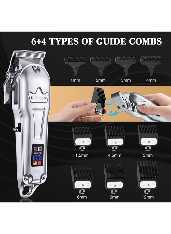 Ufree Professional Hair Clippers for Men, Cordless Metal Barber Clippers and Trimmers Set, Clippers for Hair Cutting Kit with LCD Display, Zero Gap T-Blade Beard Hair Trimmer, Gifts for Men, Silver