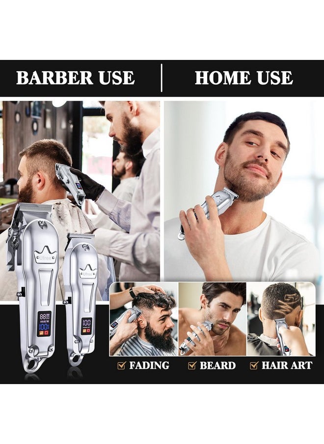 Ufree Professional Hair Clippers for Men, Cordless Metal Barber Clippers and Trimmers Set, Clippers for Hair Cutting Kit with LCD Display, Zero Gap T-Blade Beard Hair Trimmer, Gifts for Men, Silver