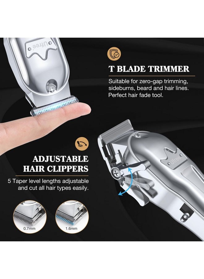 Ufree Professional Hair Clippers for Men, Cordless Metal Barber Clippers and Trimmers Set, Clippers for Hair Cutting Kit with LCD Display, Zero Gap T-Blade Beard Hair Trimmer, Gifts for Men, Silver