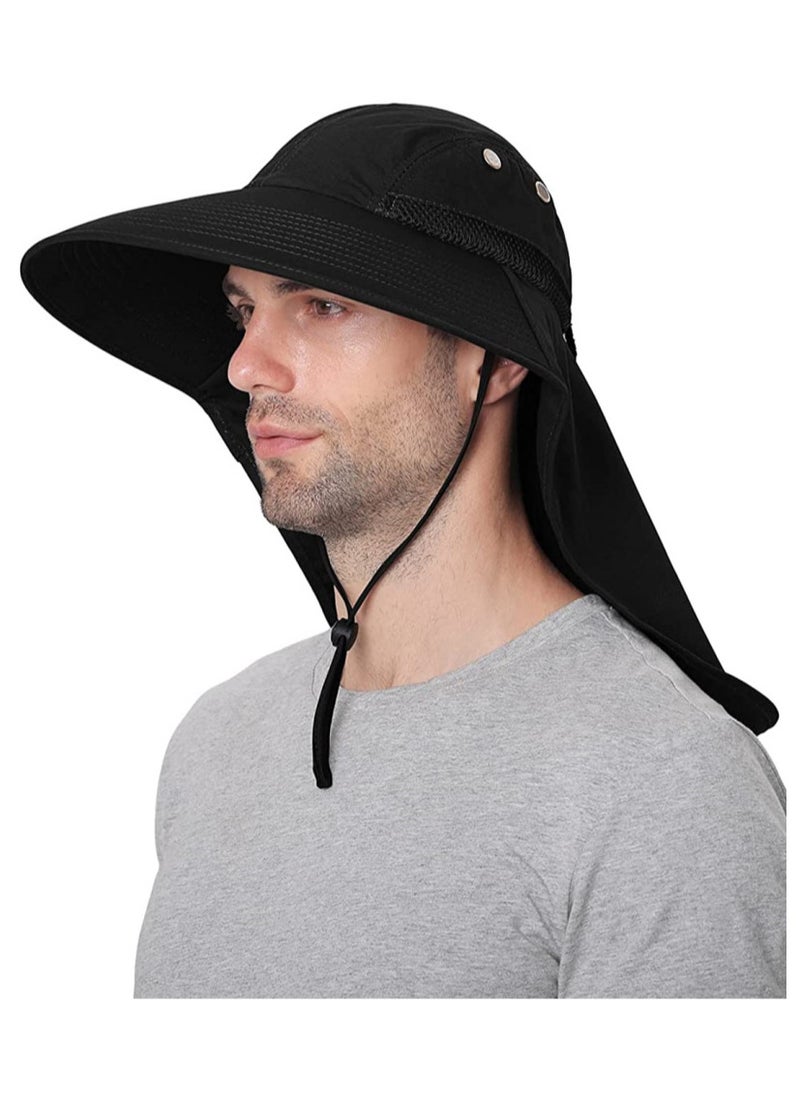 Sun Hat with Wide Brim - UPF 50+ Hiking Safari Neck Flap Fishing Caps for Men and Women, Perfect for Outdoor Adventures(Black)