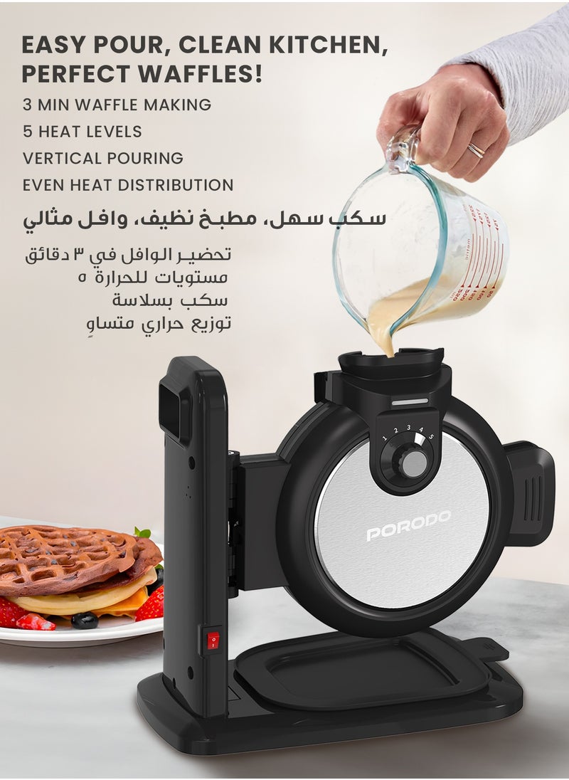 Vertical Waffle Maker Hassle-Free Waffle with 5 Heat Levels & Nonstick Plate / 3 Min Waffle Making / Batter Tray / Even Heat Distribution / Compact Smart Design / Vertical Pouring - Black