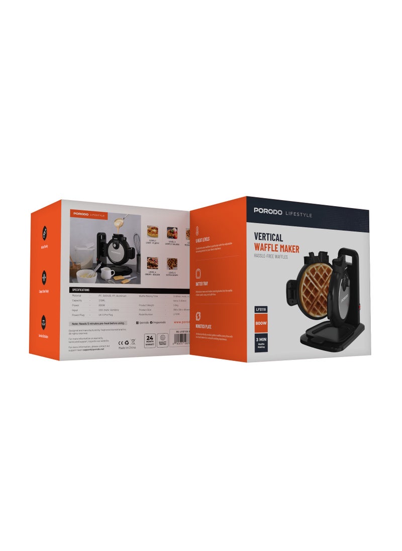 Vertical Waffle Maker Hassle-Free Waffle with 5 Heat Levels & Nonstick Plate / 3 Min Waffle Making / Batter Tray / Even Heat Distribution / Compact Smart Design / Vertical Pouring - Black