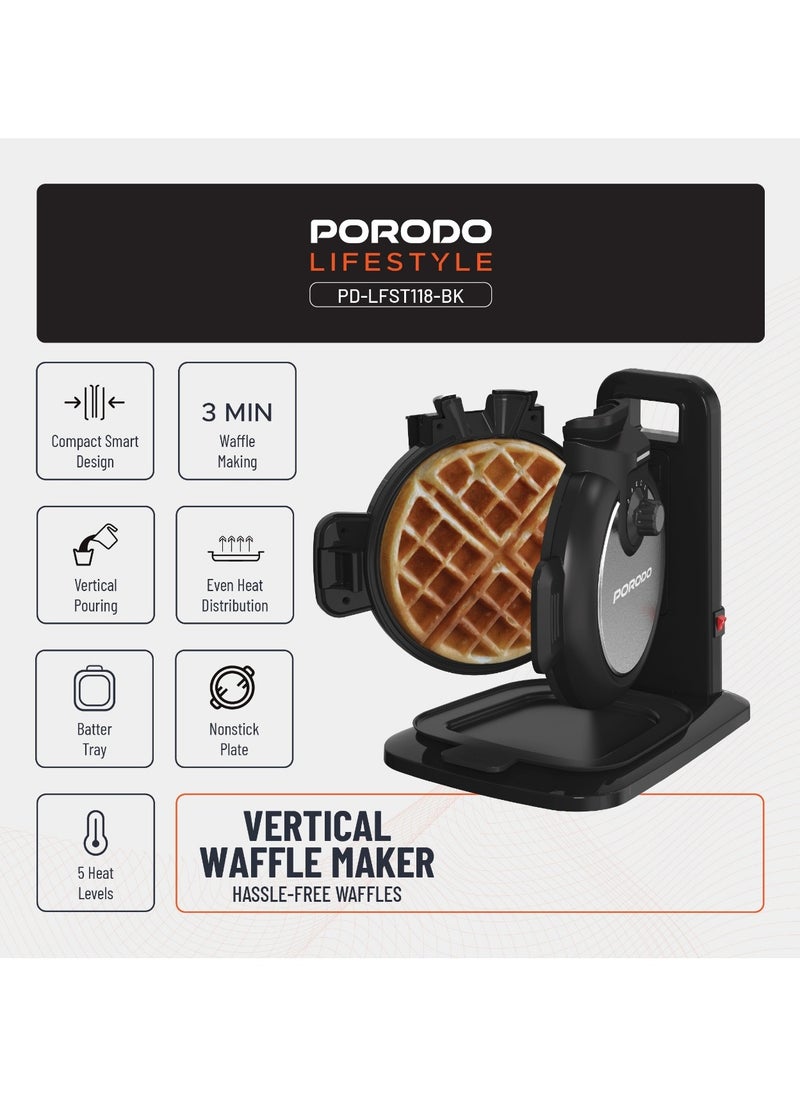 Vertical Waffle Maker Hassle-Free Waffle with 5 Heat Levels & Nonstick Plate / 3 Min Waffle Making / Batter Tray / Even Heat Distribution / Compact Smart Design / Vertical Pouring - Black