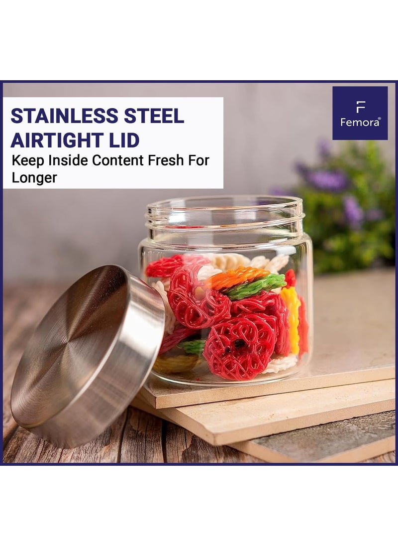 Femora Borosilicate Glass Round Jar With Stainless Steel Air Tight Lid| Glass Jars For Kitchen| Kitchen Storage Jars|1 Year Warranty|Jars for Gifting, Snacks,Spice, Cookies, Dry Food|350 ML| Set Of 1