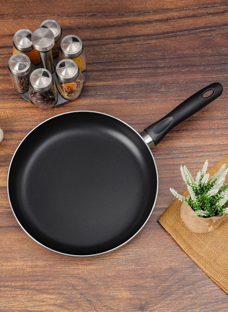 28 CM Aluminum Fry Pan- RF11668| Strong Aluminum Body With Non-Stick Coating And Bakelite Handle| Heat Resistant Exterior, Compatible With Hot Plate, Halogen, Ceramic And Gas Stovetops Black 28 CM