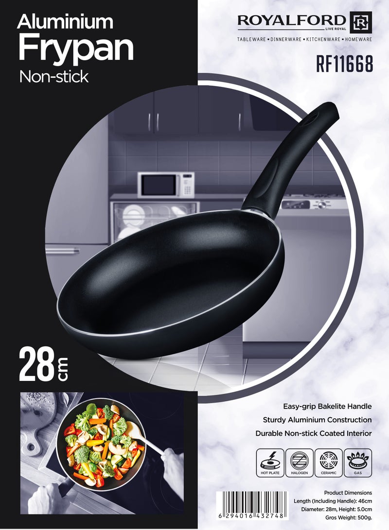 28 CM Aluminum Fry Pan- RF11668| Strong Aluminum Body With Non-Stick Coating And Bakelite Handle| Heat Resistant Exterior, Compatible With Hot Plate, Halogen, Ceramic And Gas Stovetops Black 28 CM
