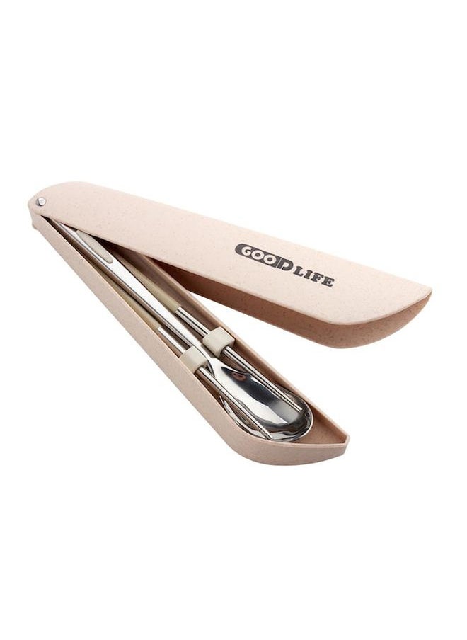 3-Piece Spoon And Chopsticks Set Silver/Beige 23x5cm