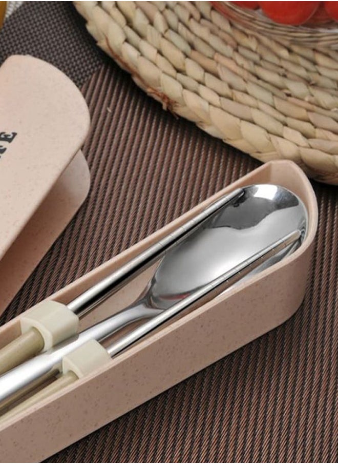 3-Piece Spoon And Chopsticks Set Silver/Beige 23x5cm