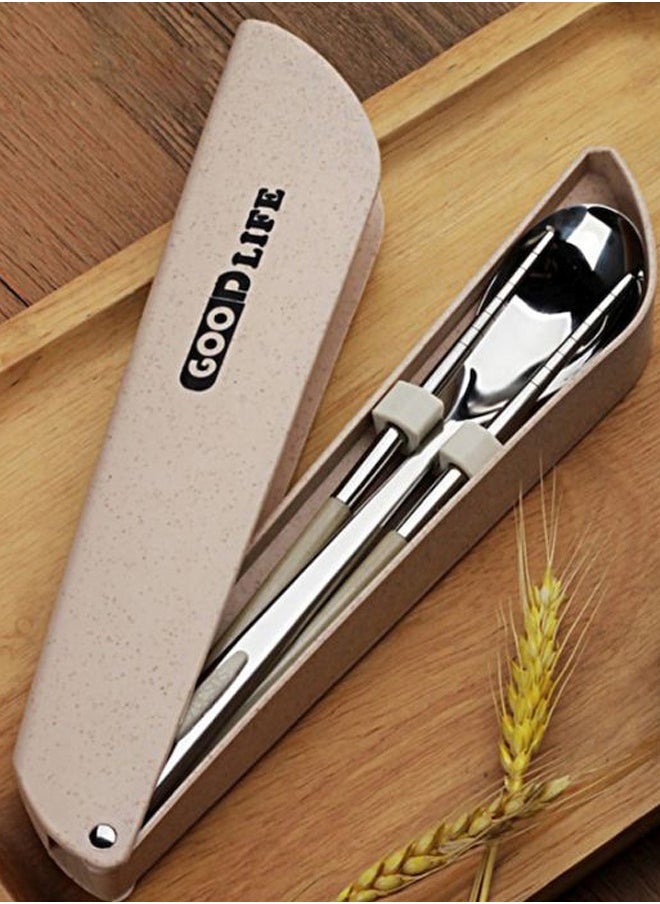 3-Piece Spoon And Chopsticks Set Silver/Beige 23x5cm