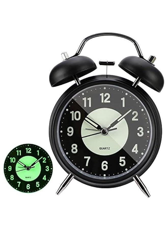 Twin Bell Alarm Clock, 4 Inches Vintage Super Loud Analog Alarm Clock for Heavy Sleepers, Non-Ticking Silent Battery Operated Alarm Clock with Backlight for Bedroom Bedside Desk - Classic Black