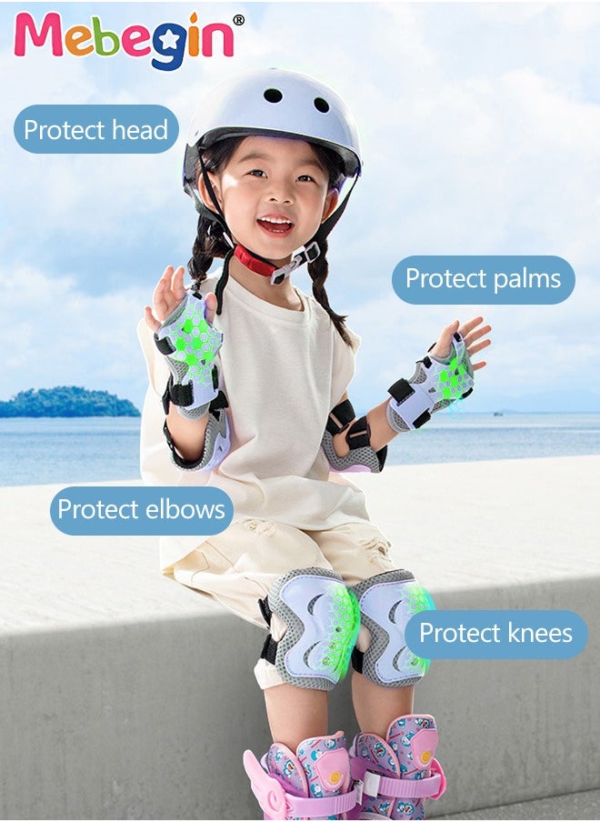 7 PCS Kids Bike Helmet Protective Gear Set with Elbow Pads, Knee Pads and Wrist Guards, Solid Protective Helmet with Adorable Patterns and Adjustable Design, Suitable for Multi-Sports Like Skateboar