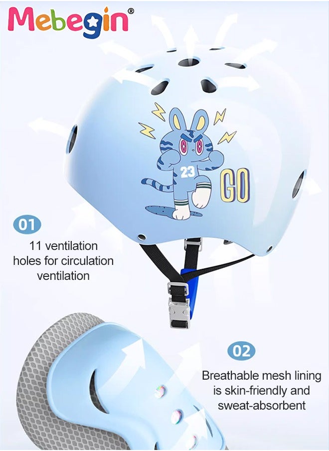 7 PCS Kids Bike Helmet Protective Gear Set with Elbow Pads, Knee Pads and Wrist Guards, Solid Protective Helmet with Adorable Patterns and Adjustable Design, Suitable for Multi-Sports Like Skateboar