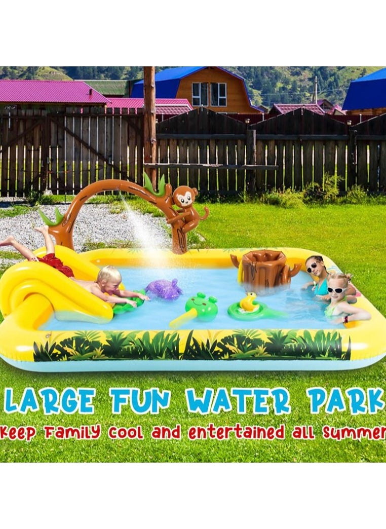 214*167*85cm Kiddie Pool, Thicken Wear-Resistant Swimming Pool with Water Slide, Kiddie Inflatable Play Center with Spray Water, Easy to Set up and Storage, Suitable for Backyard, Garden, Beach and