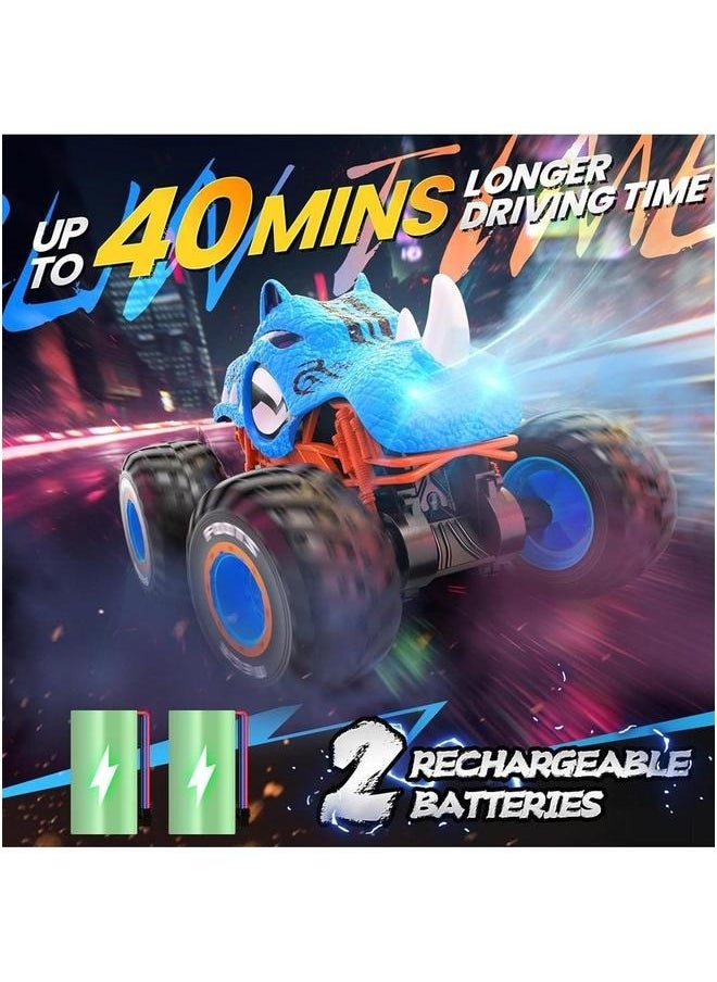 High Speed RC Monster Truck, Upright 360° Rotating 4WD Car with LED Lights, Spray Water Mist, 2.4GHz All Terrain 1:16 Blue Rhino Truck Kids Toy