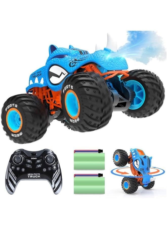 High Speed RC Monster Truck, Upright 360° Rotating 4WD Car with LED Lights, Spray Water Mist, 2.4GHz All Terrain 1:16 Blue Rhino Truck Kids Toy