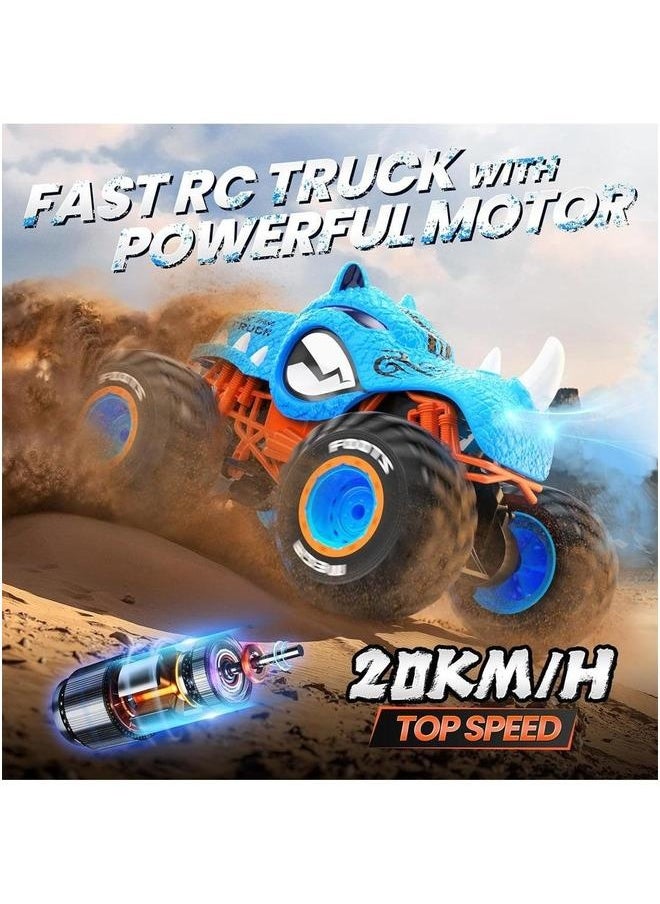 High Speed RC Monster Truck, Upright 360° Rotating 4WD Car with LED Lights, Spray Water Mist, 2.4GHz All Terrain 1:16 Blue Rhino Truck Kids Toy