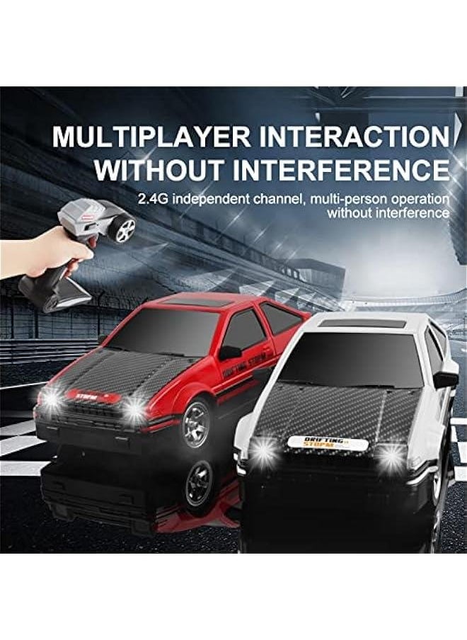 RC Drift Car, 1:16 Scale Remote Control Car, 4WD RC Cars, 30KM/H High Speed RC Racing Car with LED Lights, Drifting Tire and 2 Batteries for Kids and Adults (White)