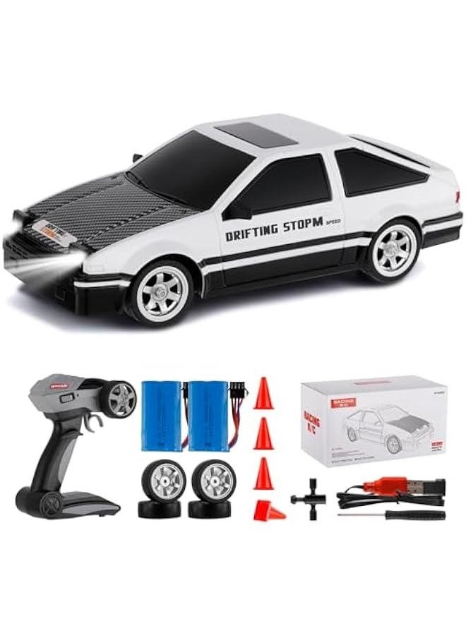 RC Drift Car, 1:16 Scale Remote Control Car, 4WD RC Cars, 30KM/H High Speed RC Racing Car with LED Lights, Drifting Tire and 2 Batteries for Kids and Adults (White)