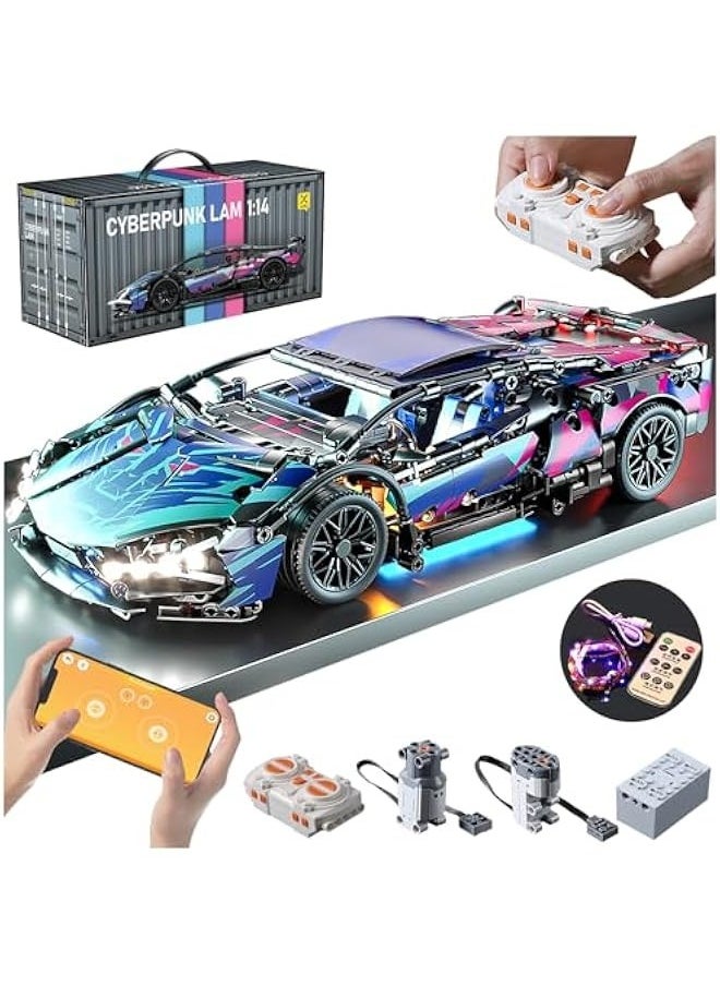 Sport Car Building Block Sets for Adults, Remote Control APP Race Car with LED Lights,Collectible 1:14 Model Scale Engineering Toy Men Teens Boys Age 8+ 8-12 12 13 14