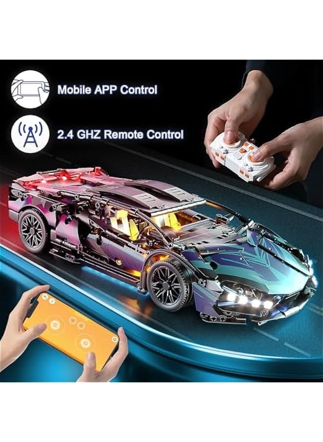 Sport Car Building Block Sets for Adults, Remote Control APP Race Car with LED Lights,Collectible 1:14 Model Scale Engineering Toy Men Teens Boys Age 8+ 8-12 12 13 14
