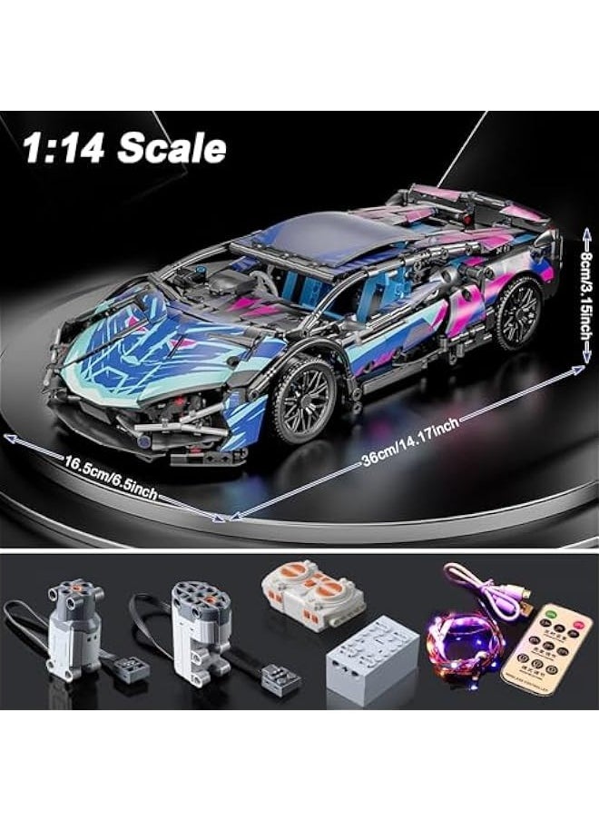 Sport Car Building Block Sets for Adults, Remote Control APP Race Car with LED Lights,Collectible 1:14 Model Scale Engineering Toy Men Teens Boys Age 8+ 8-12 12 13 14