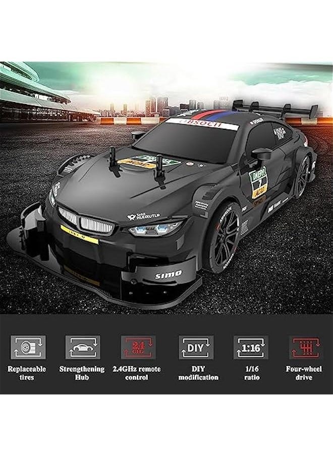 RC Drift Car, 1:16 Scale Remote Control Car, 4WD 40KM/H High Speed RC Racing Car, 2.4GHz Electric Sport Driftings with Headlight, Drifting Tires and Racing Tires for Adults (Black)