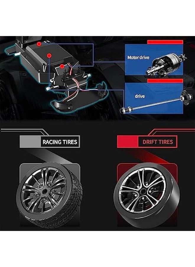 RC Drift Car, 1:16 Scale Remote Control Car, 4WD 40KM/H High Speed RC Racing Car, 2.4GHz Electric Sport Driftings with Headlight, Drifting Tires and Racing Tires for Adults (Black)